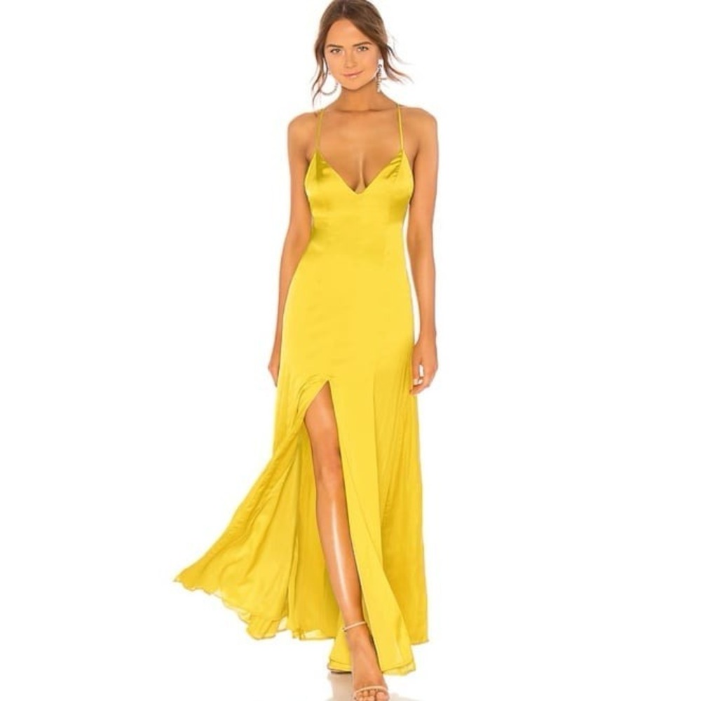 Revolve Lovers and Friends Satin Chartreuse Criss Cross Back Bermuda Maxi Dress